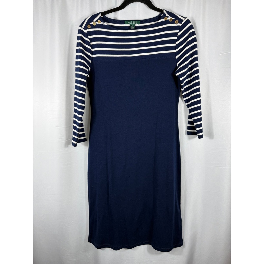 Lauren Ralph Lauren Navy White Striped Boat Neck Sheath Dress Gold Buttons M